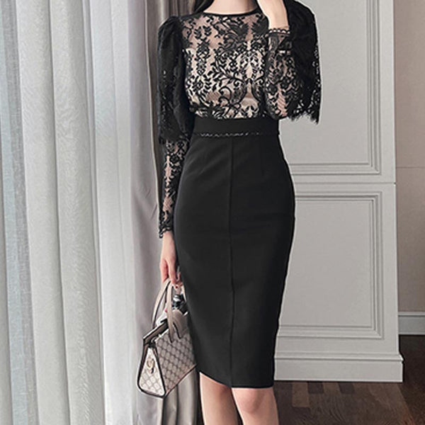 Elegant lace patch flare sleeve bodycon dresses