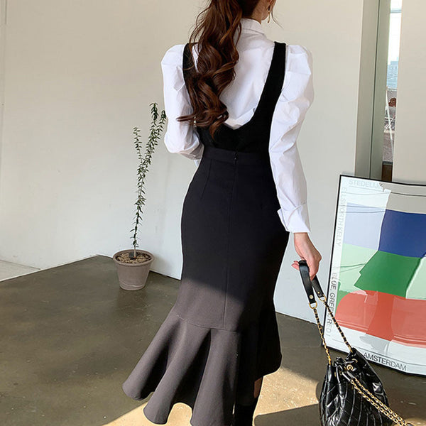 Black v-neck slip bodycon dresses with puff sleeve shirt