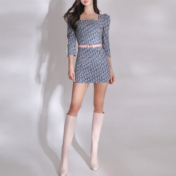 Square neck pullover print mini dresses