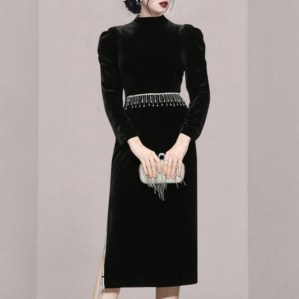 Mock neck black velvet midi dresses