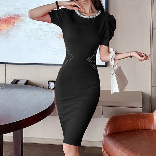 Crew neck pearl embellished solid bodycon dresses