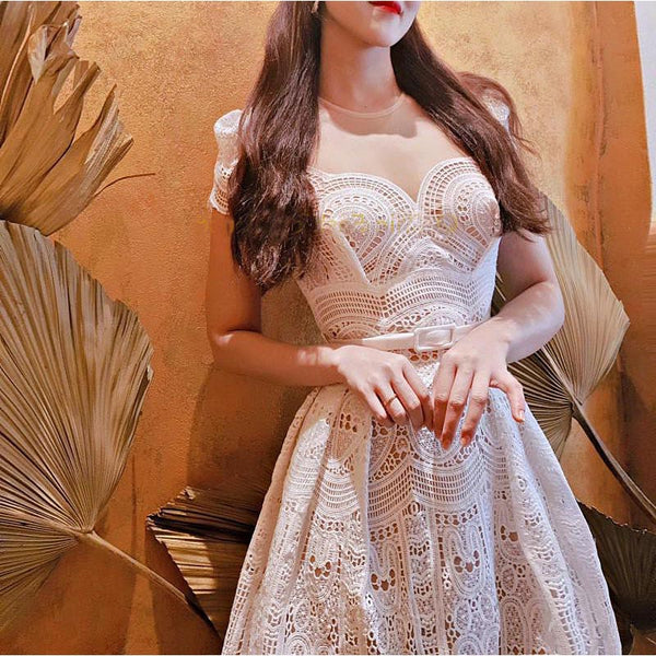 Water soluble lace short sleeve belted skater dresses
