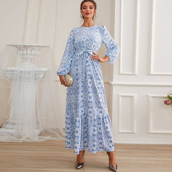 Blue printed crew neck long sleeve belted maxi dresses