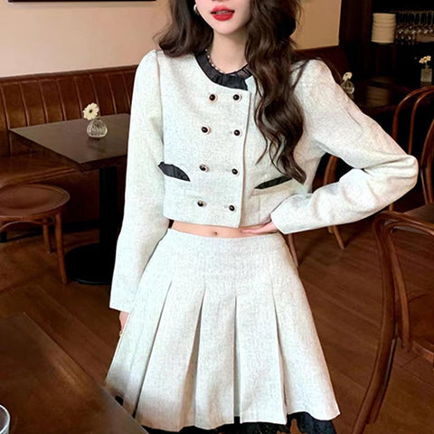 Elegant double breasted long sleeve coats and pleated skirts suits