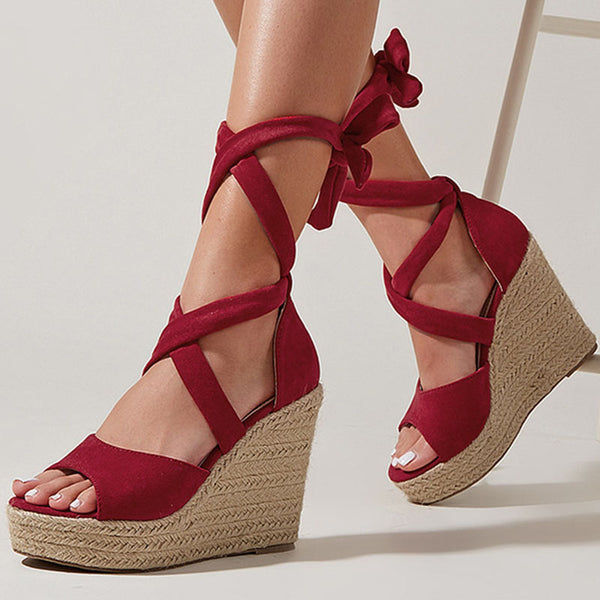 Braided lacing open toe wedge sandals