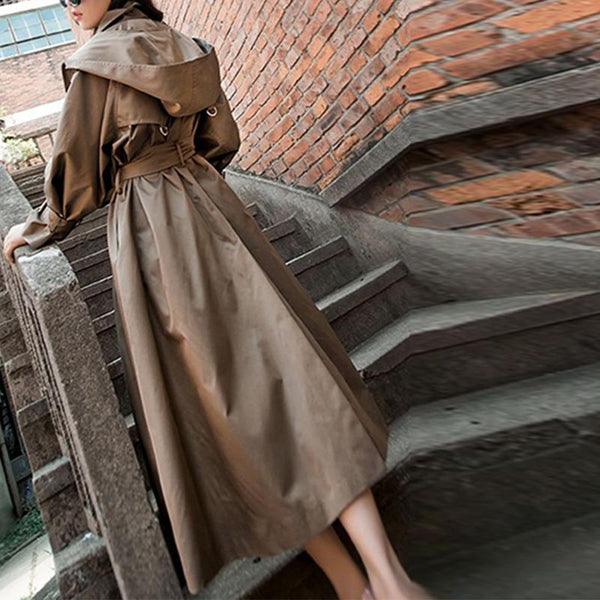 Elegant solid lapel long sleeve hoodied trench coats with belt