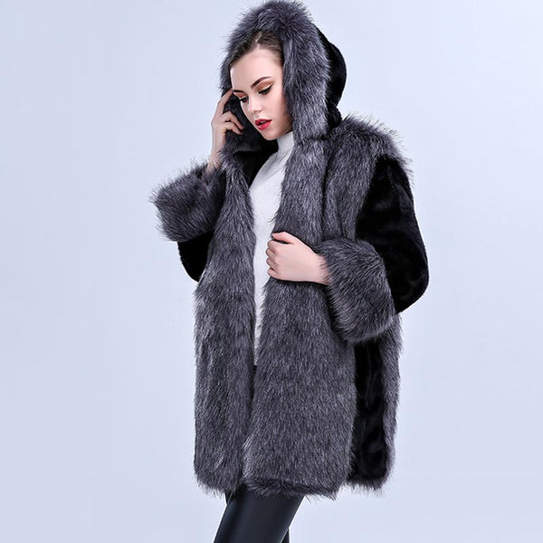 Hooded colorblock faux fur coats
