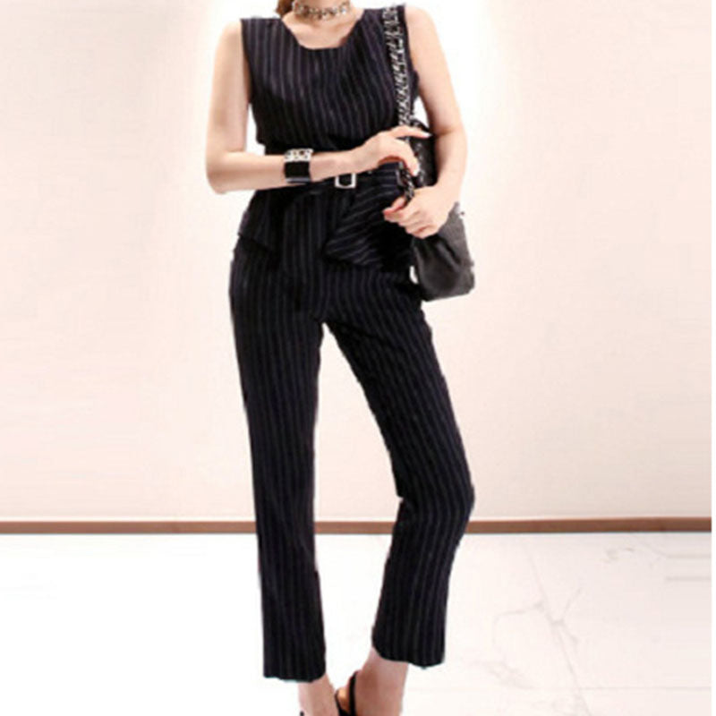Sleeveless striped top skinny pant suits with belt