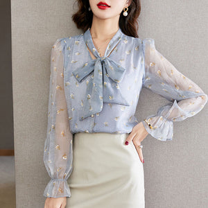 V neck long sleeve bow tie floral blouses