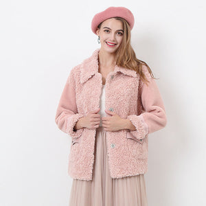 Sweet pink patchwork faux fur coats