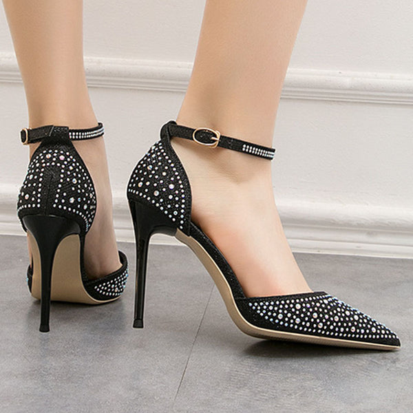 Ankle strap rhinestone pointed toe high heel sandals