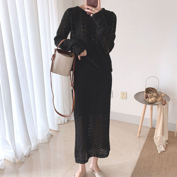 Casual hollow out crew neck long sleeve sweaters and bodycon skirts suits