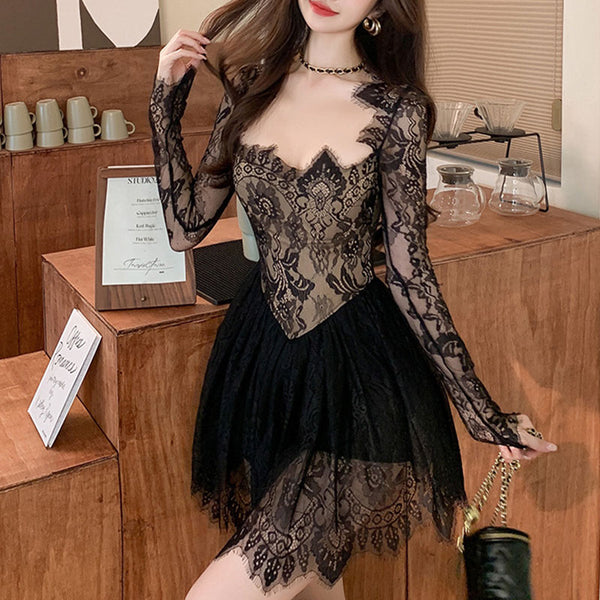 Sexy square neck long sleeve lace mini dresses