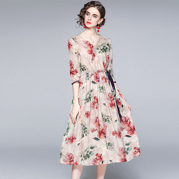 V-Neck Floral Printed Mid Sleeve Linen Casual Dress