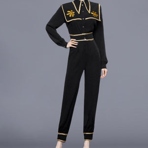 Stylish patch lapel long sleeve tops and high waist slim straight pants