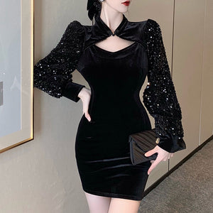 Fashion long sleeve black bodycon dresses