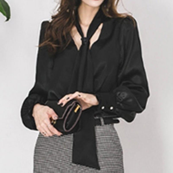 Tie-front v-neck solid long sleeve blouses