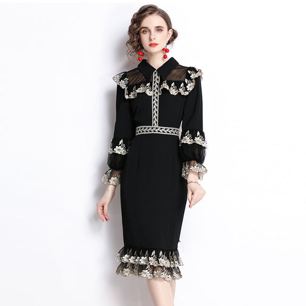 Turn down collar long sleeve embroidered bodycon dresses