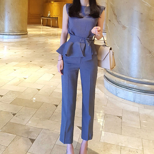 Sleeveless belted top striped pant suits