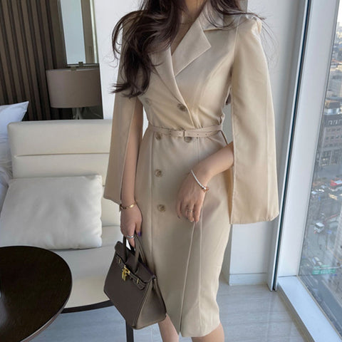 Solid double-breasted lapel belted bodycon dresses