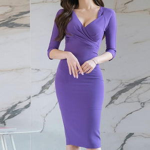 V neck tight solid cinched waist bodycon dresses