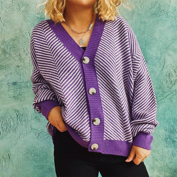 Casual stripe v-neck button up long sleeve cardigans