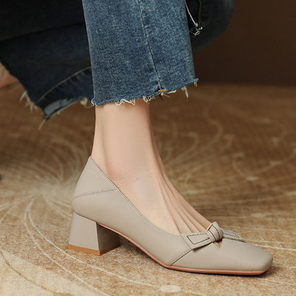 Chic bowknot square toe chunky heels shoes