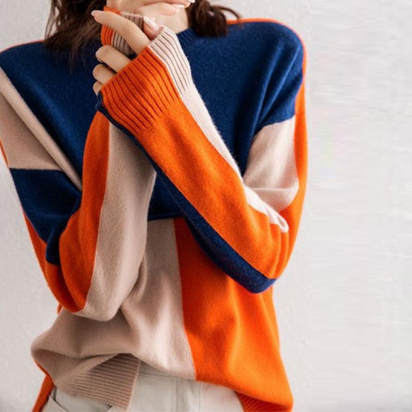 Casual color block long sleeve sweaters