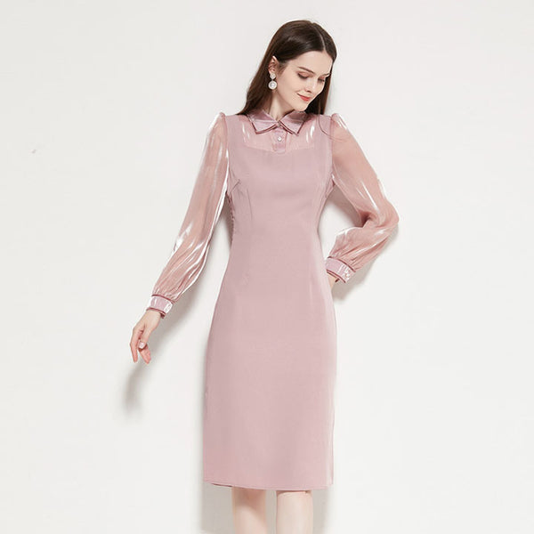 Turn down collar long sleeve solid bodycon dresses