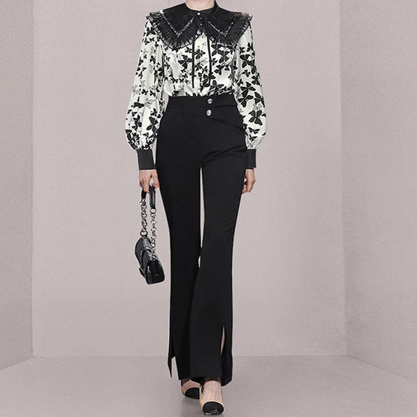 Sweet print peter pan collar long sleeve blouses and high waist flare pants suits