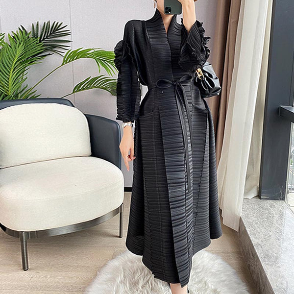 Chic shirred long sleeve belted long dresses