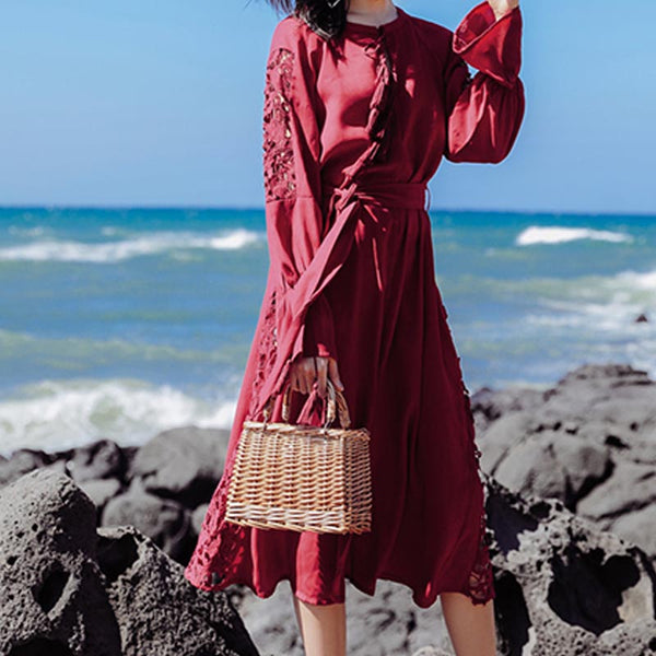 Ethnic hollow out flare sleeve belted shift dresses