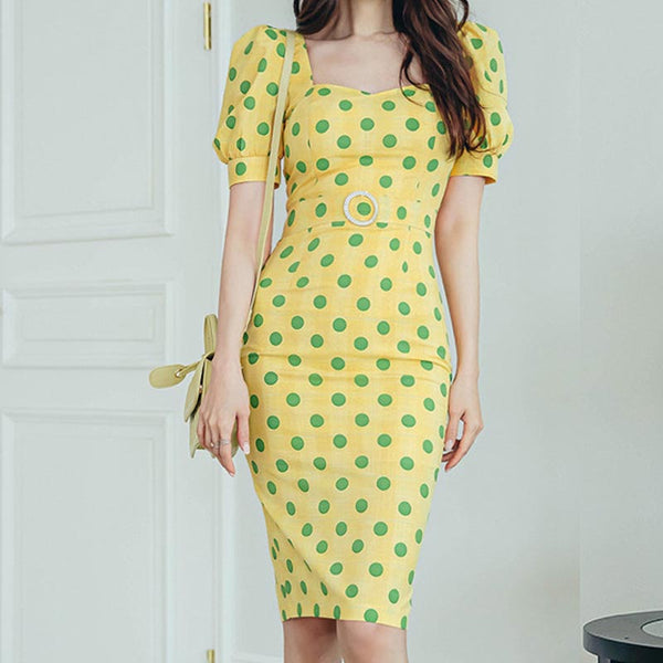 Sweet dot puff sleeve square neck bodycon dresses
