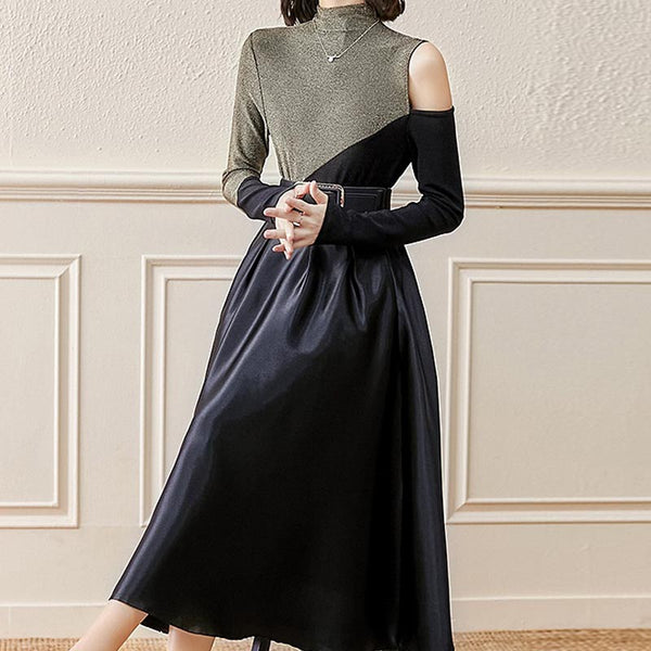 Chic color block mock neck long sleeve knitting tops and high waist a-line skirts suits