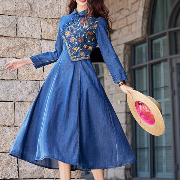 Vintage embroidery frog buckle denim skater dresses