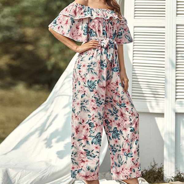 Casual flower print ruffle strapless belted jumpsuits