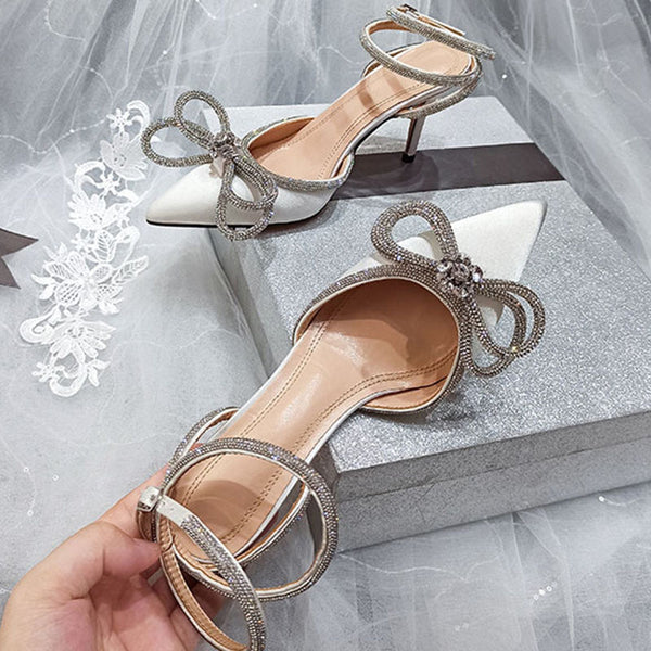 Satin rhinestone bowknot ankle strap heels