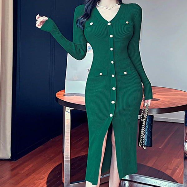 Solid knitting button v-neck long sleeve split bodycon dresses