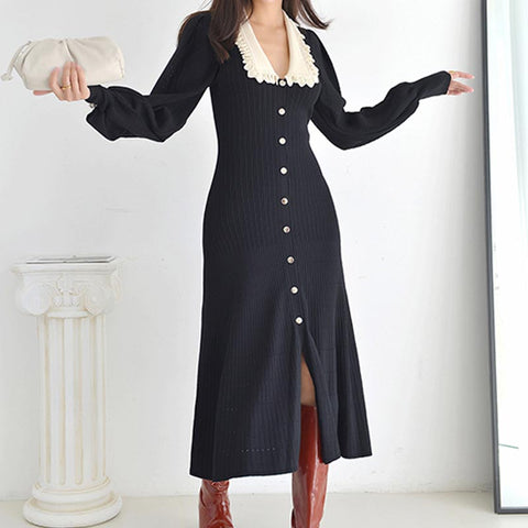Elegant patch puff sleeve button sleeve split knitting dresses