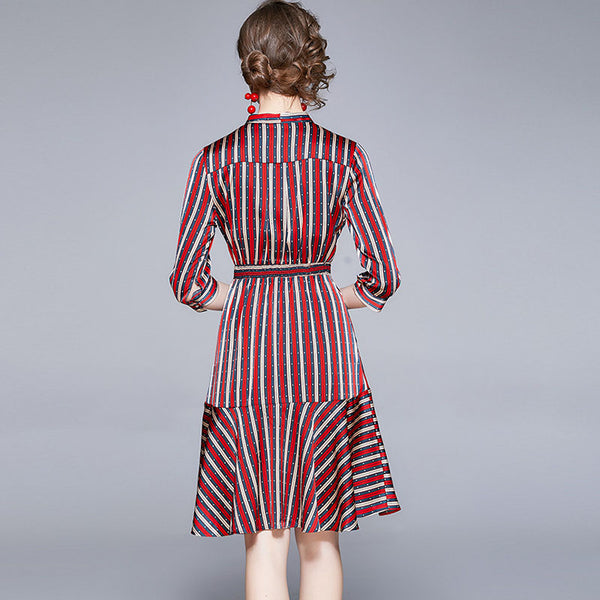 Single-breasted bowknot striped a-line dresses