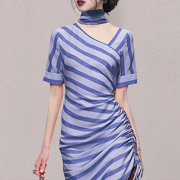 Sexy irregular stripe short sleeve drawstring party dresses