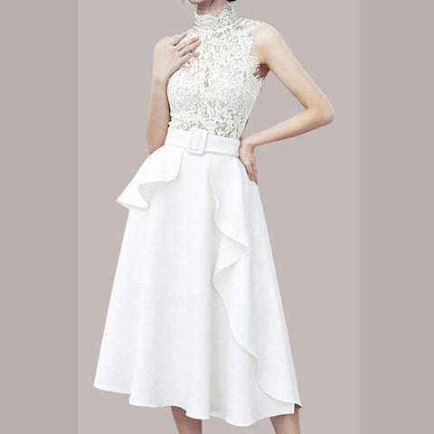 Turtleneck sleeveless lace patchwork ruffle maxi dresses