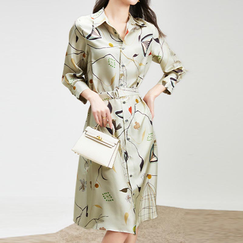 Elegant print lapel long sleeve shirt dresses