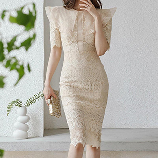 Elegant lace ruffle neck short sleeve bodycon dresses