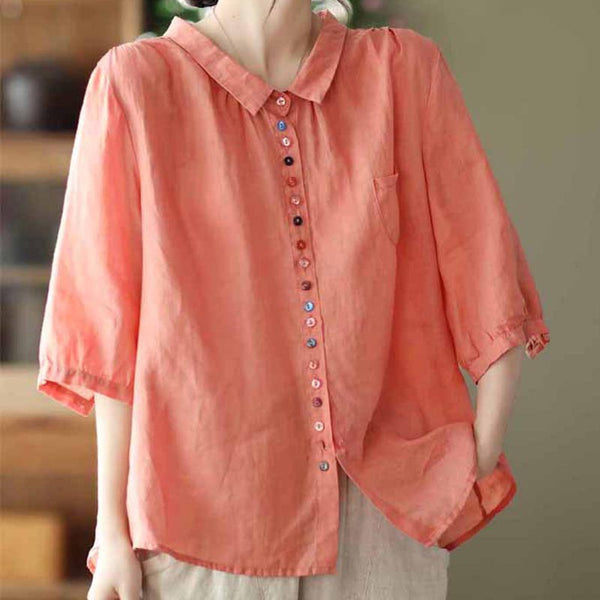 Vintage colorful buttons lapel 3/4 sleeve blouses