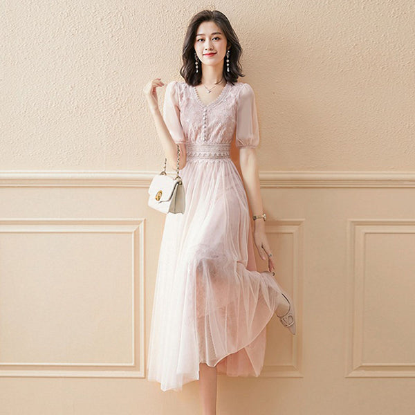 Sweetheart blush pink lace maxi tiered dress