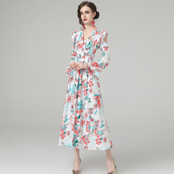 Elegant print v-neck long sleeve skater maxi dresses