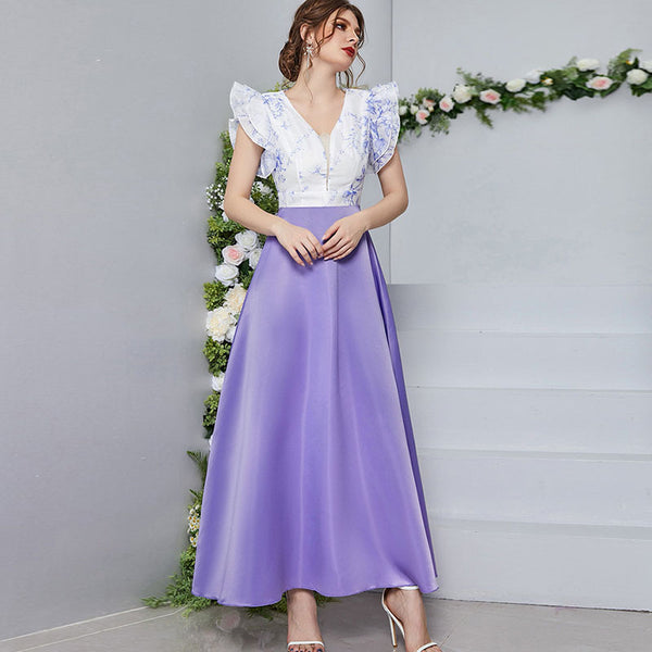 Elegant print splicing sleeveless v-neck a-line maxi dresses