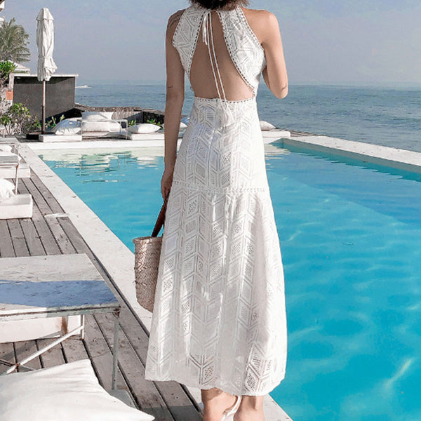 Boho halter neck split white beach dresses