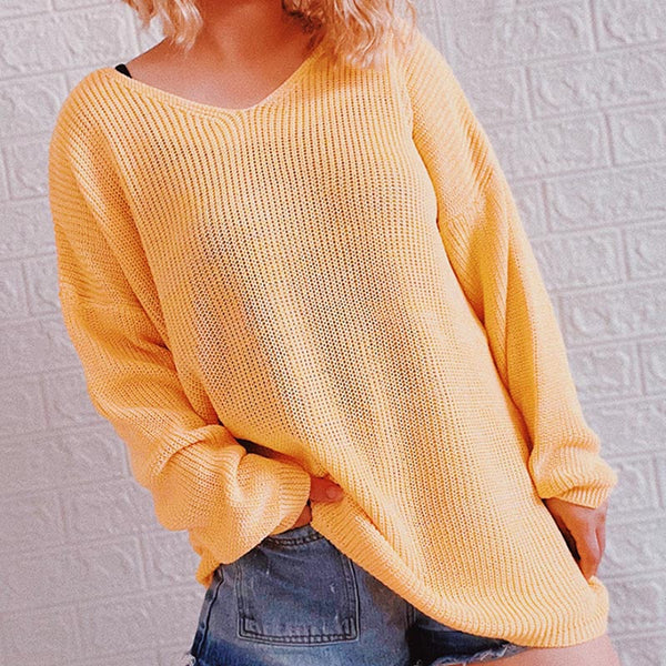 Brief solid v-neck long sleeve loose pullover sweaters